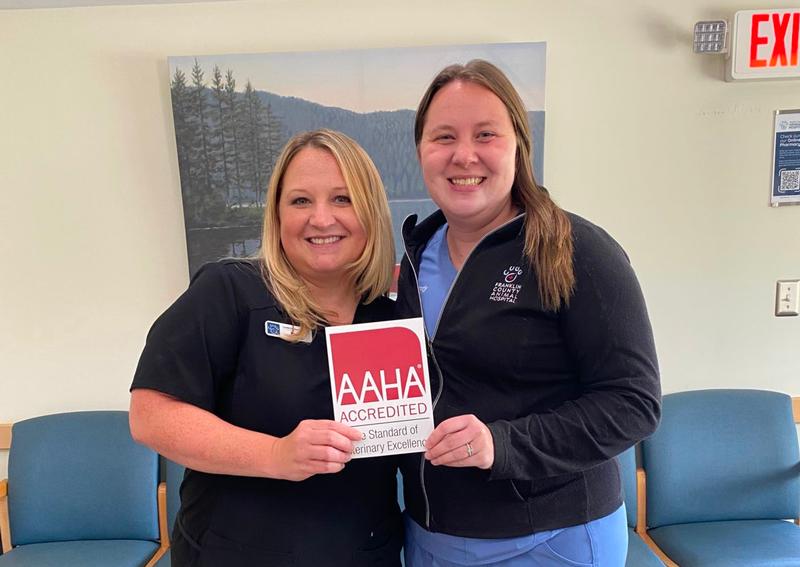 Carousel Slide 1: Hospital Manager Amanda and Chief of Staff Dr. Elizabeth Handy after passing our American Animal Hospital Association (AAHA) Evaluation! August 2025